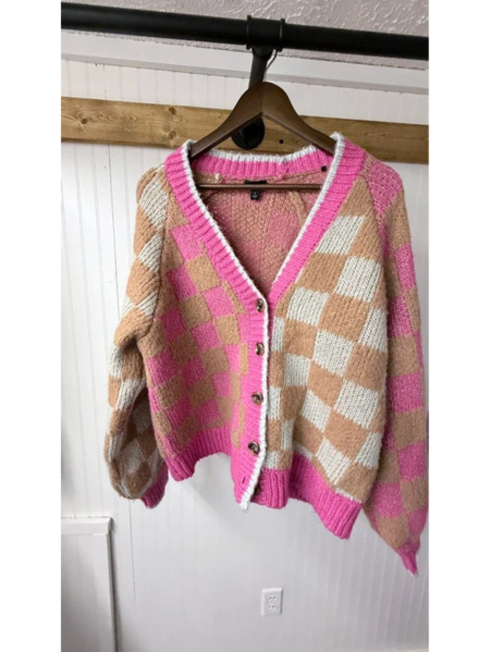 Torrid Chunky Cardigan pink beige checkered plaid pattern size 1 artsy fairy